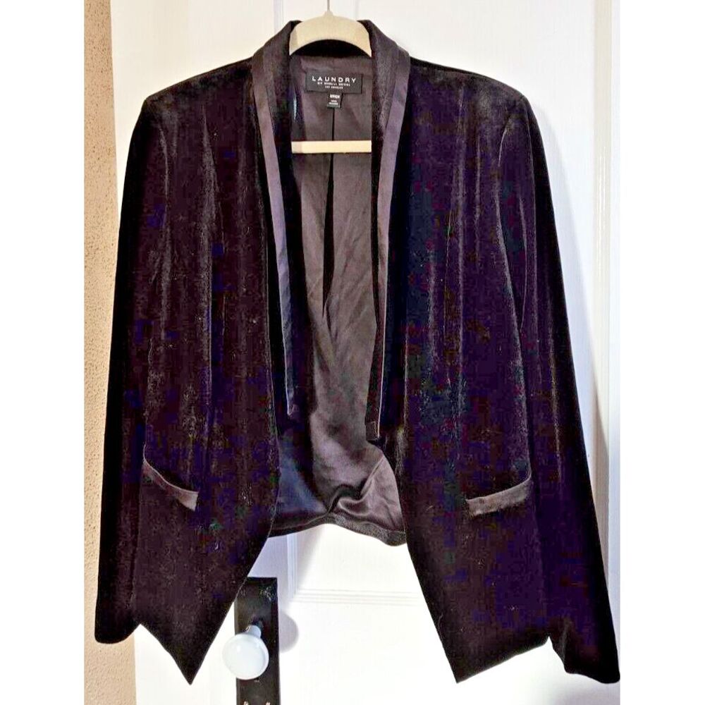 LAUNDRY by SHELLI SEGAL BLACK VELVET TUXEDO STYLE BLAZER open front SZ Small‎